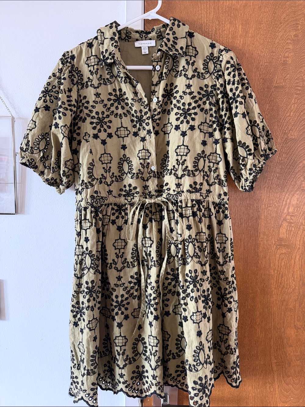 Topshop Tan Eyelet Mini Dress with Black Floral Embroidery and Drawstring Waist